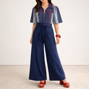 Vintage PBJ by Jerell Wide Leg Jumpsuit Navy Stripe Zip Front Belted 70s Size 9